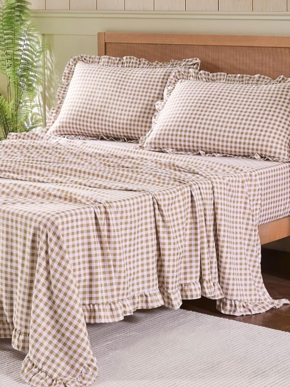 Gingham Ruffled Bed Skirt and Pillow Shams - Taupe - Picture 2 of 3